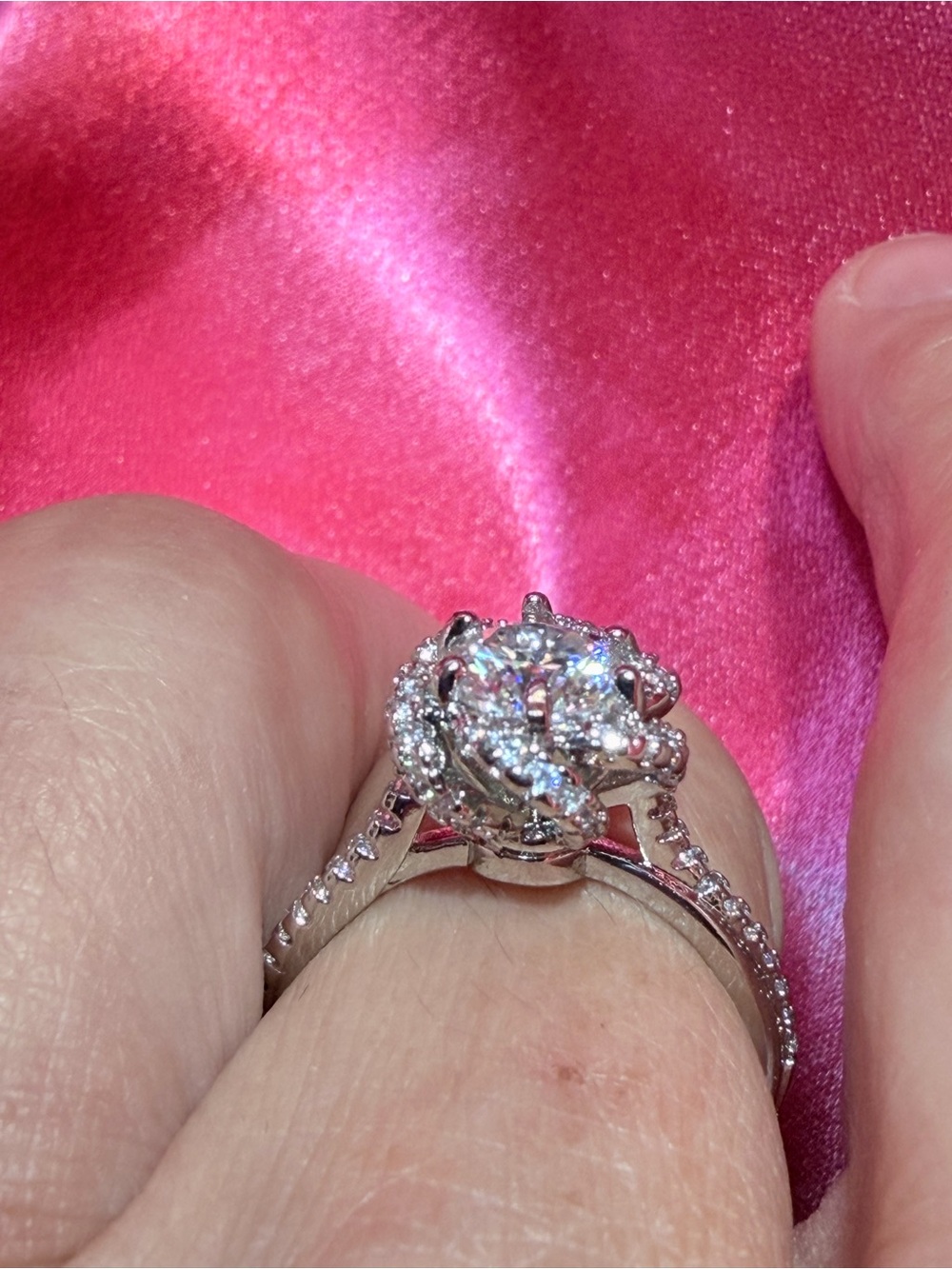 New 1 Carat Moissanite Ring with floral Halo accents and Pave' Band - Picture 9 of 13